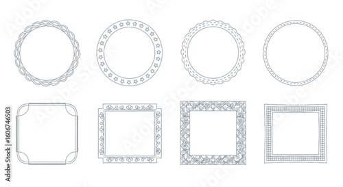 Various decorative frames in circular and square shapes, detailed and isolated.