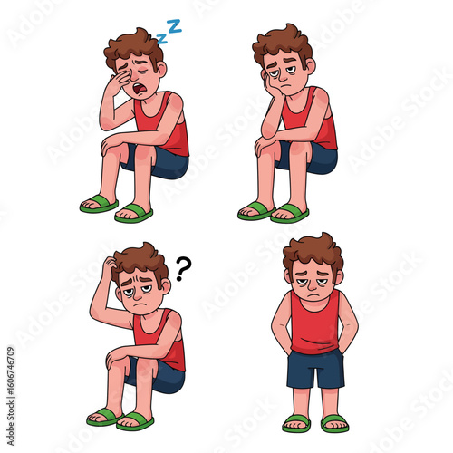 Cartoon Depictions of a Tired Man in Various Poses Sleeping, Sitting, and Questioning His State