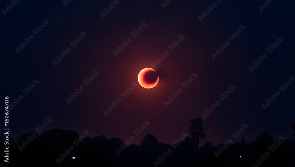 Obraz premium A breathtaking view of a lunar eclipse from Earth, with Earth’s shadow darkening the moon and casting a red glow. Stars fill the deep purple-blue sky, with silhouettes of trees on the horizon.