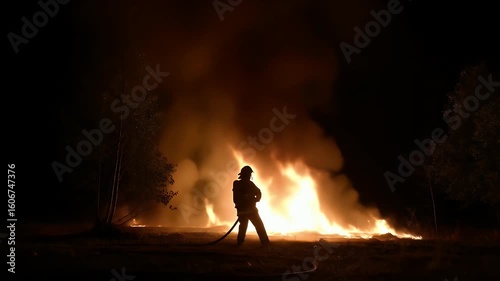 Firefighter bravely battles intense blaze at night, courageous act amidst fiery inferno, dramatic footage