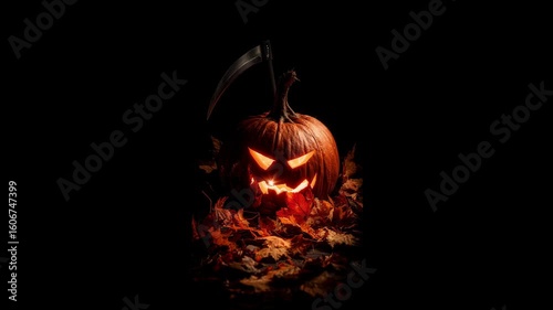 Spooky Halloween pumpkin with glowing eyes and a decorative scythe positioned on dark background