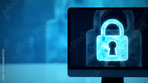 Abstract Blue Glowing Padlock Animation on Computer Screen, Digital Security Concept Video Loop