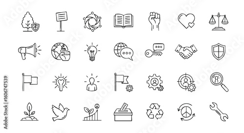 A comprehensive collection of hand-drawn line icons illustrating diverse concepts related to social responsibility, sustainability, and global issues.