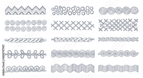 A collection of various hand-drawn decorative borders and patterns in a linear arrangement.