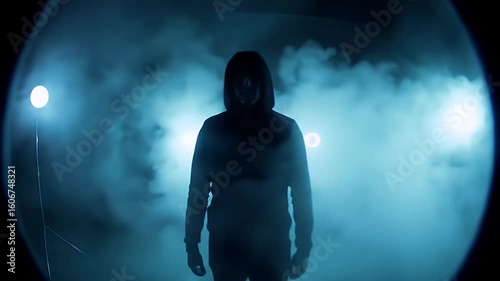Mysterious Figure Walks Through Foggy Night, Dramatic Lighting and Blue Hues, Atmospheric and Moody Video Footage