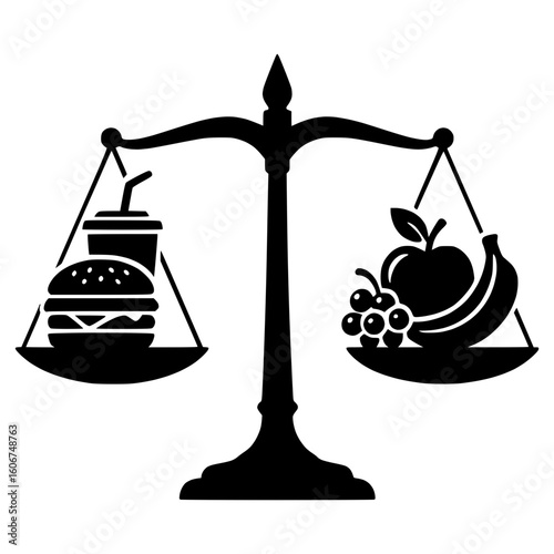 Balanced diet vector icon with scale comparing fruits and fast food