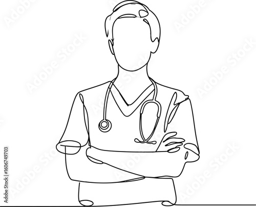 Doctor wearing stethoscope and scrubs arms crossed in a minimalist line drawing
