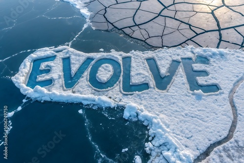 The word evolve carved into melting ice on a cracked frozen surface representing change and adaptation