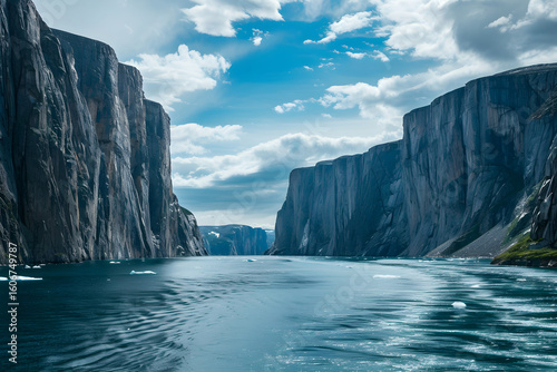 Icy fjord surrounded by towering cliffs small flo