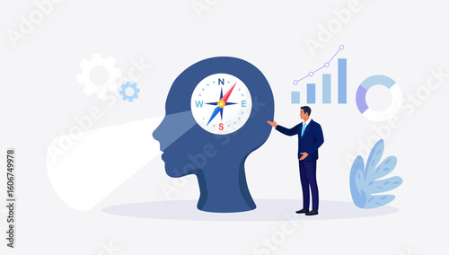 Businessman using compass for navigation and orientation in business. Person finding investment opportunity. Leadership. Make decision for business direction. Planning future goals. Career vision