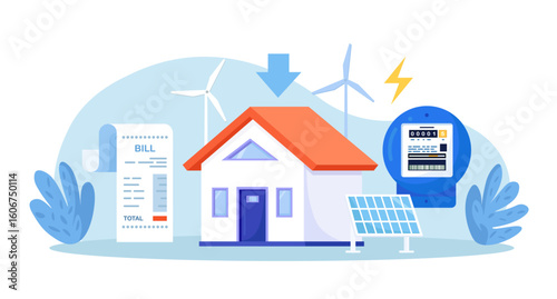 Residential house with rooftop solar panels, representing eco-friendly modern home architecture. Characters using energy efficient devices, paying less and saving money. Green environment. Power save