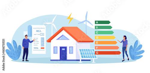Energy efficient home with solar panels. Green environment. Energy consumption in household. Smart eco house certification system label with performance classes. Sustainability. Power save concept