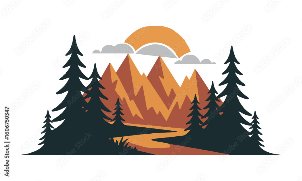 Obraz premium Modern vector illustration of a silhouette of mountains with a stylized, Mountains, tall pine trees, orange sun, winding path, easily editable