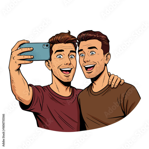Two young men smiling while taking a selfie together  