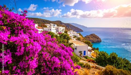 Picturesque Mediterranean village nestled on a hillside overlooking a turquoise bay. Vibrant pink flowers frame the scene