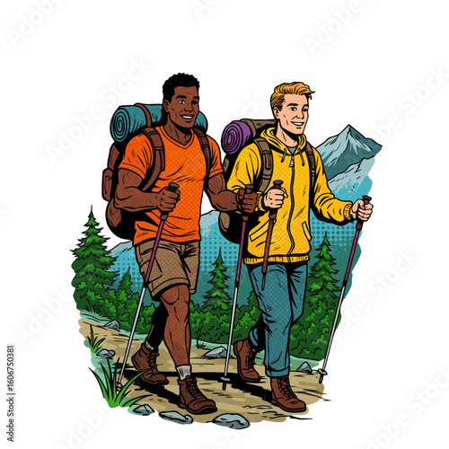 Two men hiking together in nature with backpacks and trekking poles  