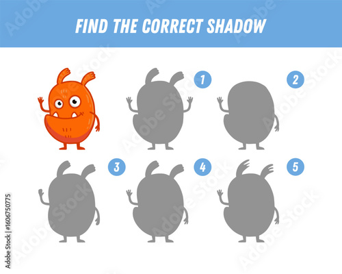 Find correct shadow of cute monster. Educational logical game for kids. Halloween game. Cartoon monster. Vector
