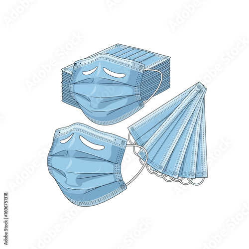 Light-blue disposable face masks, stacked and arranged, illustrating various quantities and packaging.