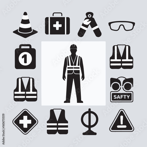 Black and white vector icons of construction safety equipment and worker silhouette