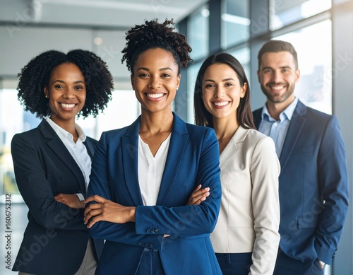 Smiling Diverse Business Team in Bright Modern Office – Photorealistic Corporate Portrait