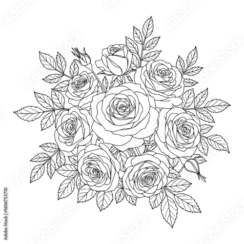Elegant roses bouquet with leaves for coloring book pages and romantic designs, detailed line art illustration. coloring for adult