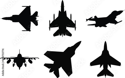 Military aircraft silhouette vector set with fighter jets in different positions for aviation, defense, and technology design.