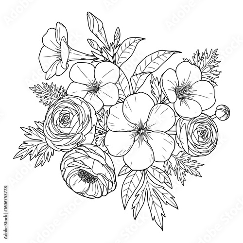 Elegant floral bouquet line art for sophisticated stationery designs and graceful wedding invitations. coloring for adult