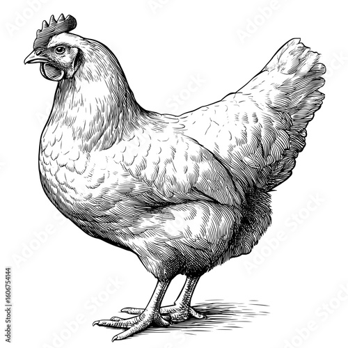 Modern illustration of a black and white landscape sketch featuring a chicken hen farm bird yard graphic