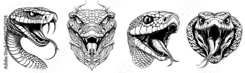 A vintage-style depiction of a cobra snake, also resembling a serpent, python, or venomous viper, presented as a hand-drawn engraved sketch suitable for tattoos, stickers, logos, or t-shirt designs