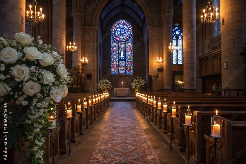 Fototapeta premium Gothic church aisle adorned with white roses and candles, leading to a sunlit stained glass window, wedding