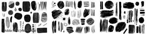 Modern grunge elements consist of a set of grungy hand drawn brush strokes and daubs isolated on white, forming universal creative contemporary design elements in an EPS10 modern illustration