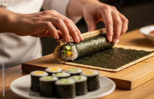 Two hands rolling sushi appear deftly pressing the bamboo mat, ensuring the rice and nori adhere perfectly around the fresh filling.
