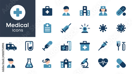 A medical icon set collection arranged in a grid layout on a white background.