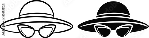Stylized illustration of two wide brimmed hats with sunglasses