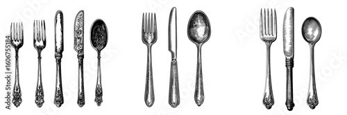 A contemporary depiction of a vintage spoon, fork, and knife, created in a hand-drawn sketch style