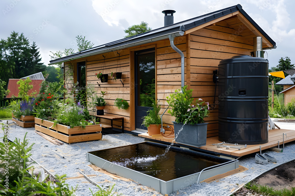 Obraz premium Rainwater harvesting system connected to modern
