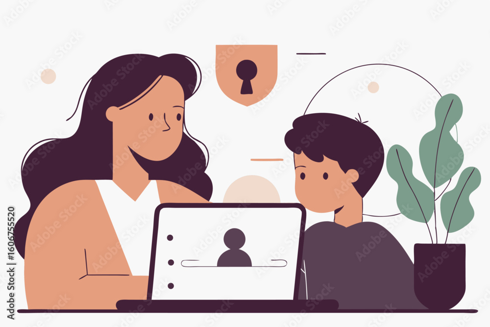 Fototapeta premium Matka ucząca dziecko bezpieczeństwa w internecie. Koncepcja kontroli rodzicielskiej i ochrony prywatności online.