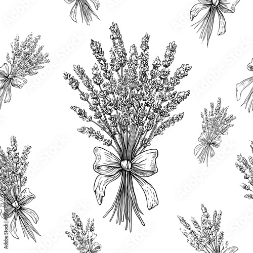 A delicate, hand-sketched image of a lavender flower and endearing bows is juxtaposed with a clean white background, conjuring the vintage appeal of Provence, France, and informing a romantic, fresh