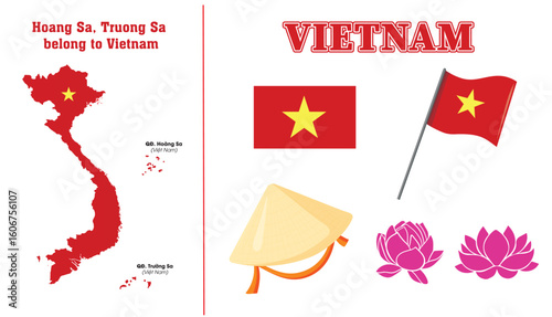 Hoang Sa, Truong Sa belong to Vietnam. Map of Vietnam. Symbols of the national flag, lotus and conical hat of Vietnam. Vietnam is a Socialist country, independent - free - happy.
