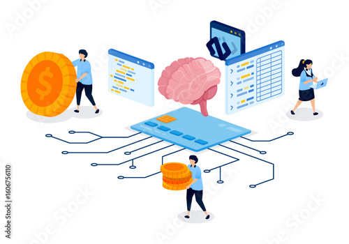 AI in Credit Card Development Supporting Risk Management and Budget Analysis Capabilities. Creative Illustration for Website, Landing Page, Mobile Apps, Startup Flyer, Banner, and Ads Design