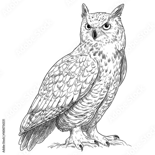 A modern bird illustration featuring a hand-drawn owl sitting outline sketch in black ink on a white background