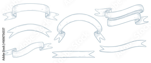 Vector illustration of Scroll Ribbons. Linear drawing of Banner for ornate labels or title decorations. Outline sketch of pastel blue streamers for menu headers with space for text. Isolated engraving