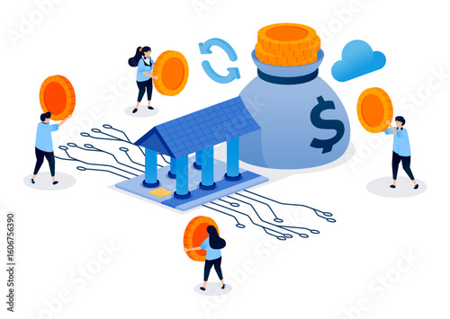 Money Bags and Bank Buildings Connected With Network Technology for Modern Finance Systems. Creative Illustration for Website, Landing Page, Mobile Apps, Startup Flyer, Banner, and Ads Design