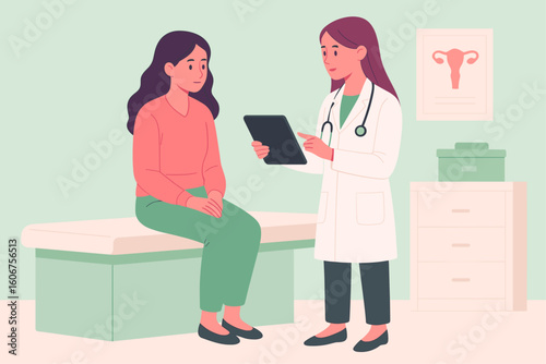 Female Doctor Consulting Woman Patient in Clinic – Flat Medical Illustration. Flat vector illustration of a female doctor consulting a woman patient in a gynecology or general medical clinic.