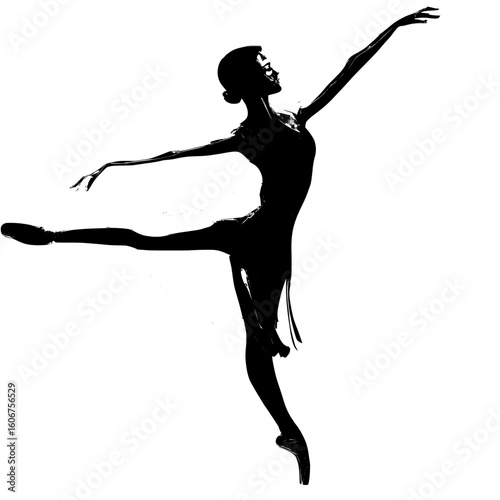 A posed ballet dancer, silhouetted, is a woman dancing in a deliberate position
