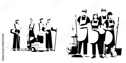 Professional janitors in uniform work as a team, utilizing modern equipment to take care of cleaning tasks in offices, apartments, and buildings, illustrated in a contemporary style with faceless