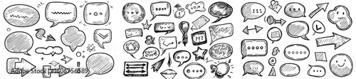 A compilation of arrows and speech bubbles in diverse shapes, presented in a comic style, along with cartoon dialogue clouds that have space for text, all rendered in a hand-drawn modern aesthetic