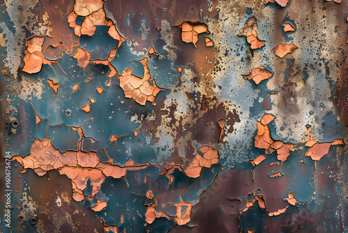 Rusty oxidized metal plate with flaking paint and