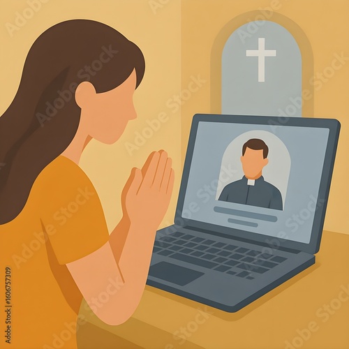 Christian Online Worship 2D Illustration of a Woman Praying with Laptop
