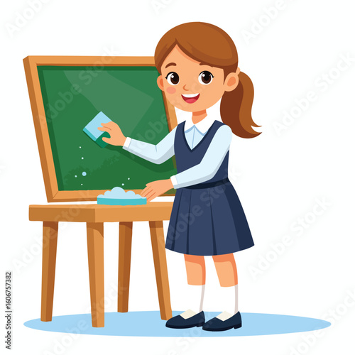 A young girl in school uniform is cleaning a green chalkboard with a sponge.